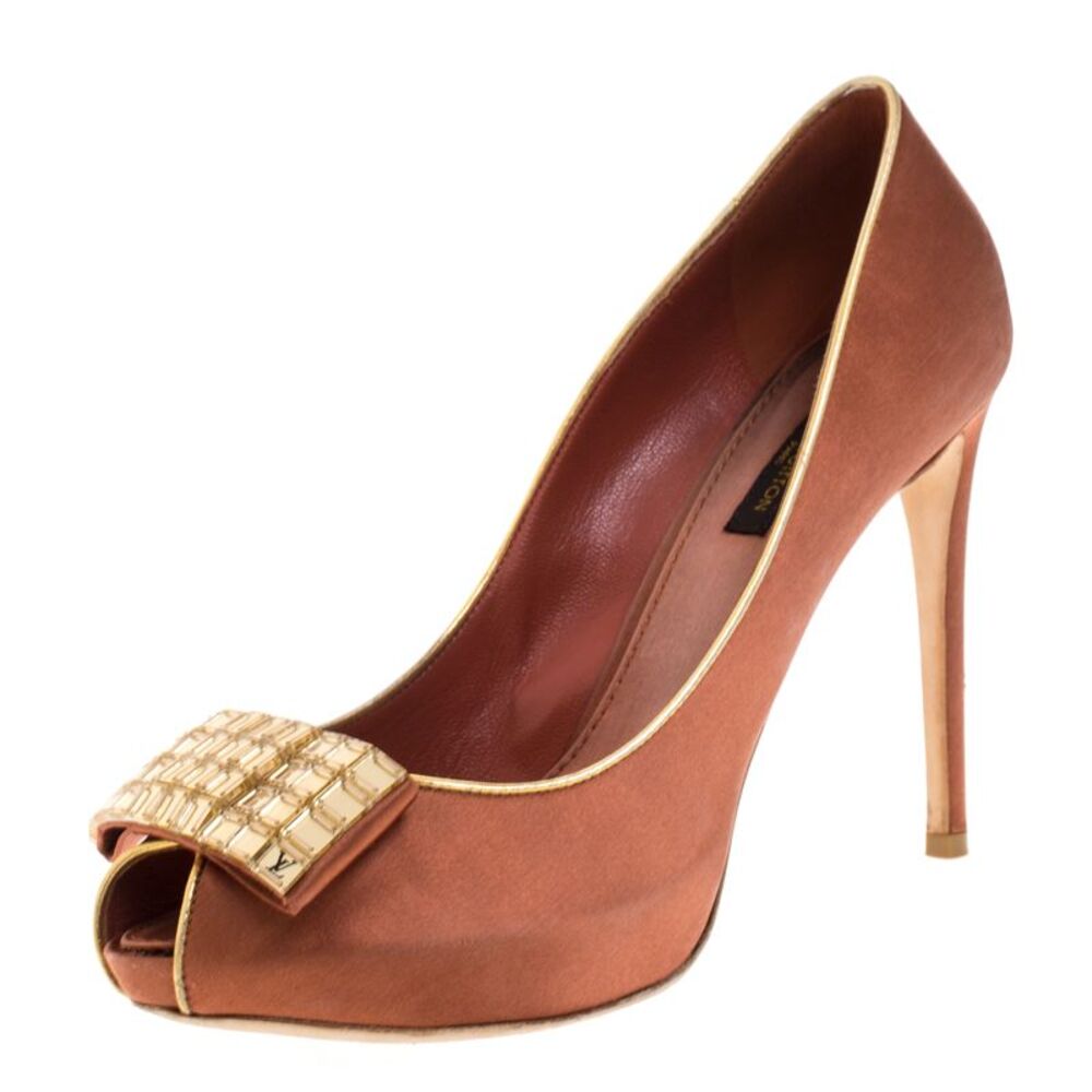 Louis Vuitton Bronze Satin Music Hall Open Toe Pumps Size 38